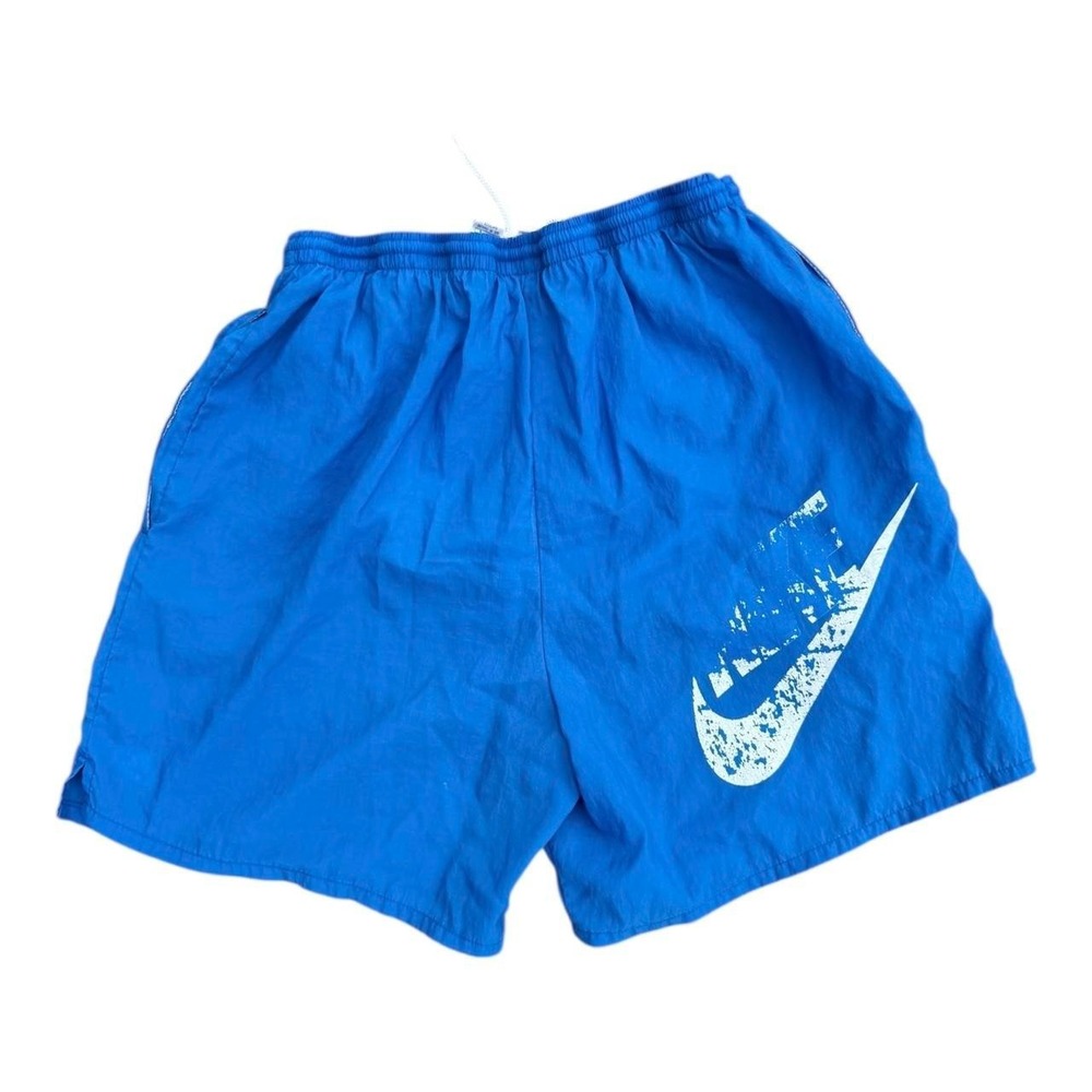 Vintage 90s Nike Swim Shorts – Medium Blue Big Swoosh Faded